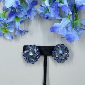 Western Germany Signed Vintage Blue Crystal Bead Clip On Earrings